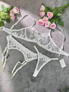 White Cherry Blossoms Sheer Lace Lingerie Set