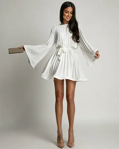 2025 Elegant Pleated Mini Dress - Flared Sleeve Lace-Up Summer Dress | Femstylo