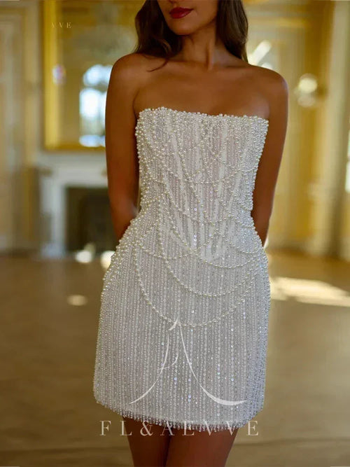 Custom Pearl Beaded Wedding Dress - Strapless Mini Gown | Femstylo