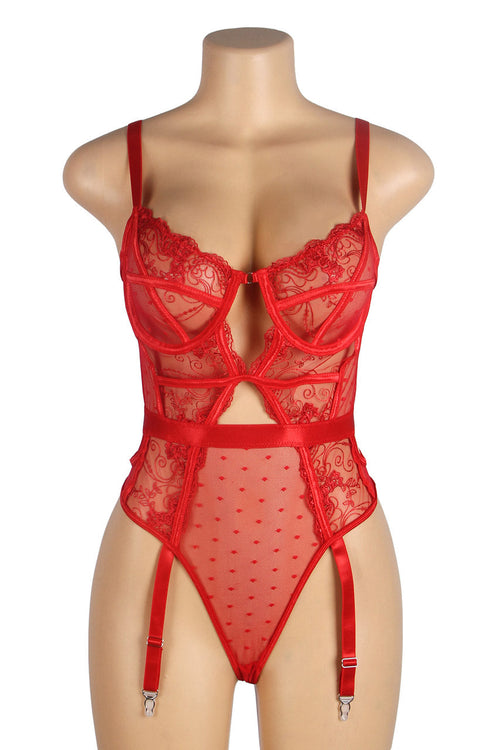Embroidered Lace Hollow Cut Teddy Lingerie