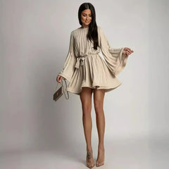 2025 Elegant Pleated Mini Dress - Flared Sleeve Lace-Up Summer Dress | Femstylo