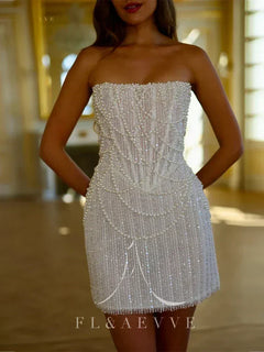 Custom Pearl Beaded Wedding Dress - Strapless Mini Gown | Femstylo