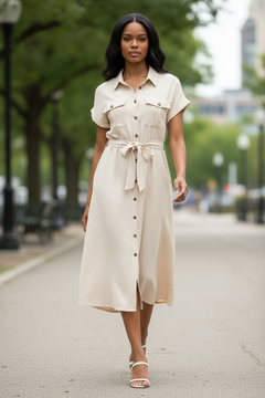Beige Curves Tied Buttoned Dress