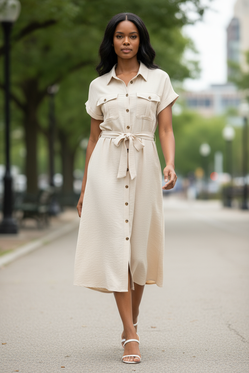 Beige Curves Tied Buttoned Dress