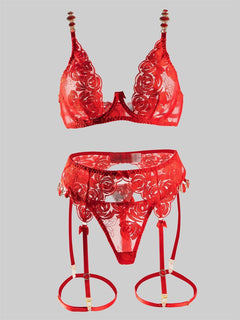 Red Embroidered Sexy Push Up Lingerie Set
