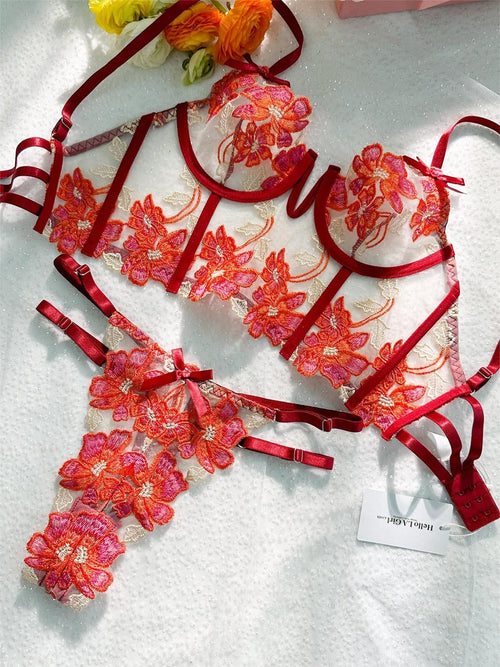 Red Floral Embroidery Bustier Straps Lingerie Set