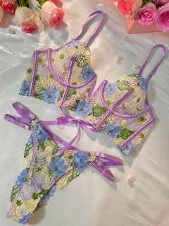 Purple Florals Embroidery Bustier  Lingerie Set