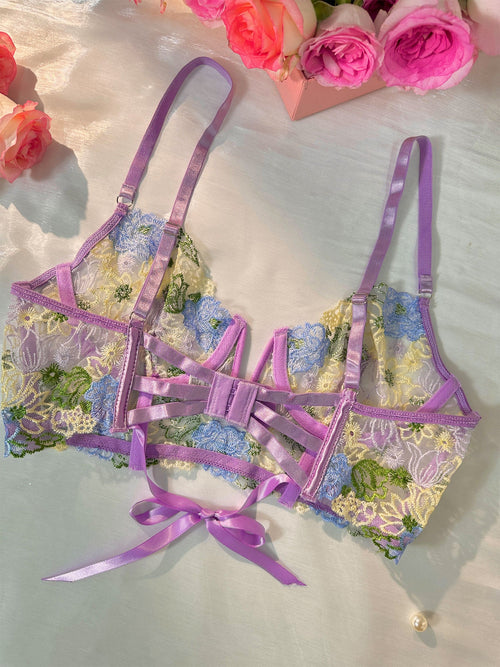 Purple Florals Embroidery Bustier  Lingerie Set