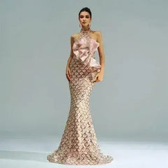 “Champagne Glam” Halter Mermaid Dress – Luxury for Elite Occasions