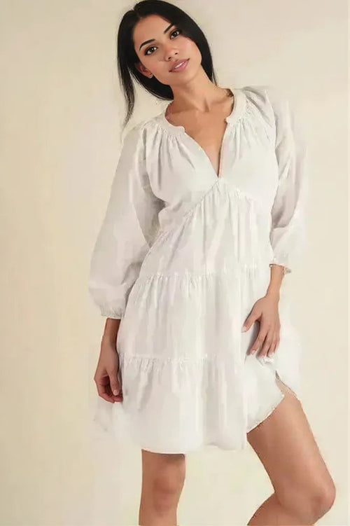 Aemi + Co Notched Balloon Sleeve Tiered Mini Dress