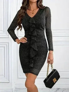 Metallic Ruffled V-Neck Long Sleeve Mini Dress