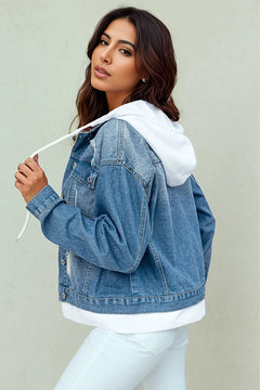 Sky Blue Distressed Hooded Denim Jacket: Stylish Comfort