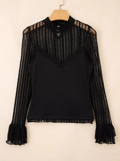 Lace Patchwork Flounce Sleeve Slim Fit Top