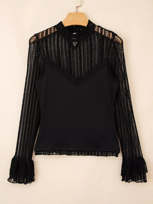 Lace Patchwork Flounce Sleeve Slim Fit Top