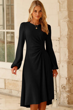 Black Plain Lantern Sleeve Midi Dress