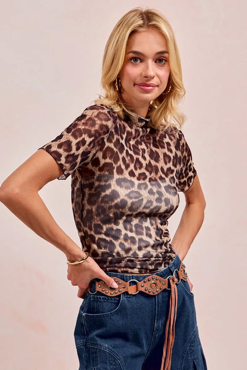 BiBi High Neck Leopard Mesh Short Sleeves Top