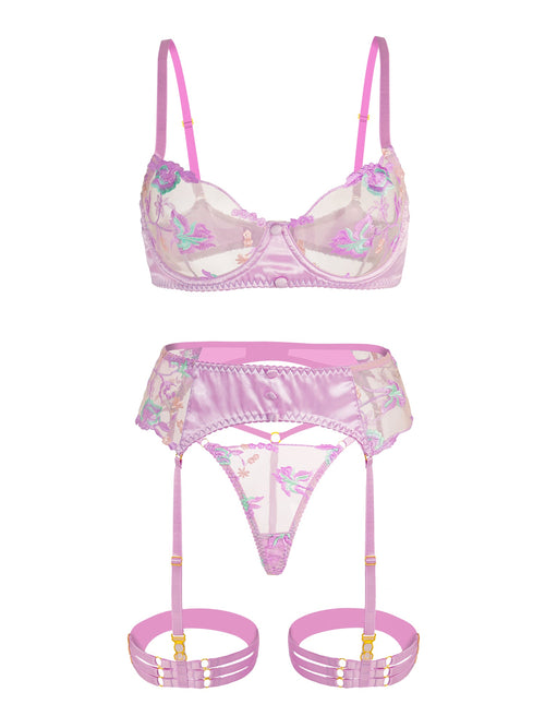 Mesh Embroidered  Floral Lingerie Set