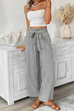 Black Striped Frill Knot Waist Decor Pants