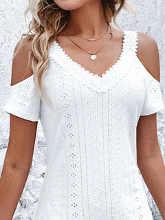 Cold Shoulder Short Sleeve Eyelet Mini Dress