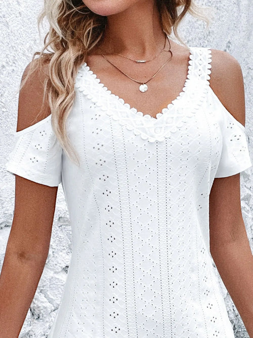 Cold Shoulder Short Sleeve Eyelet Mini Dress