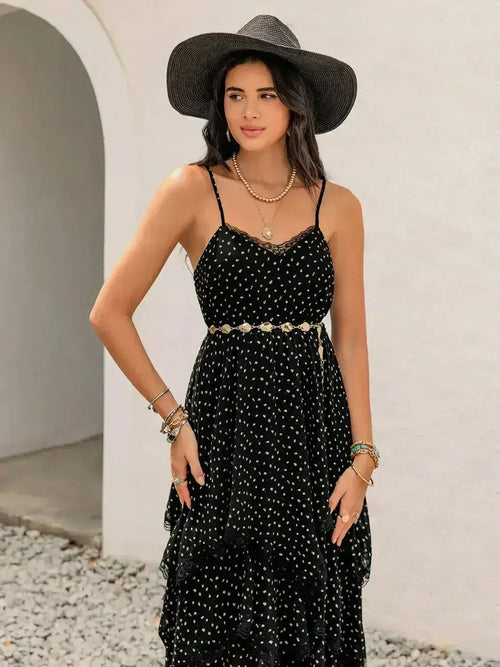 Lace Detail Layered Printed Midi Cami Dress