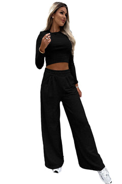 Charming Black Crop Top & Wide Leg Pants Set