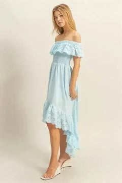 HYFVE Eyelet Off-Shoulder Dress – High-Low Ruffled Hem