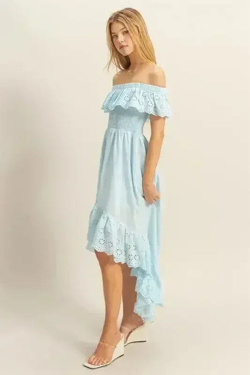 HYFVE Eyelet Off-Shoulder Dress – High-Low Ruffled Hem