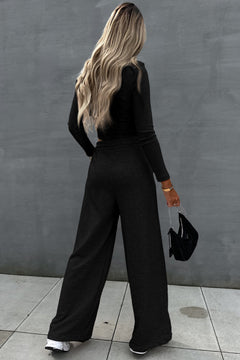 Charming Black Crop Top & Wide Leg Pants Set