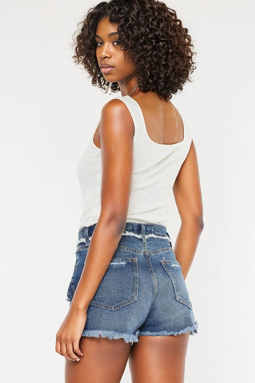 Kancan: Distressed Button Fly Denim Shorts