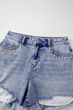 Beau Blue Pearl Studded Pocket Raw Hem Denim Shorts