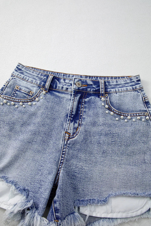 Beau Blue Pearl Studded Pocket Raw Hem Denim Shorts