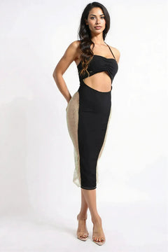 Sexy Cut Out Rhinestone Fishnet Contrast Clubwear Party Dress BLACK