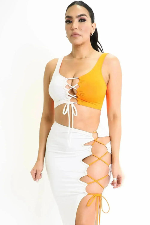 ColorBlock Side Lace up Top & Matching Maxi Skirt 2 Piece Outfit Set