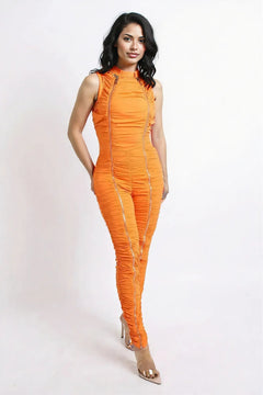 Track Zipper Ruched Jumpsuit Ruffle Dress Bodycon Jumpsuit ORANGE
