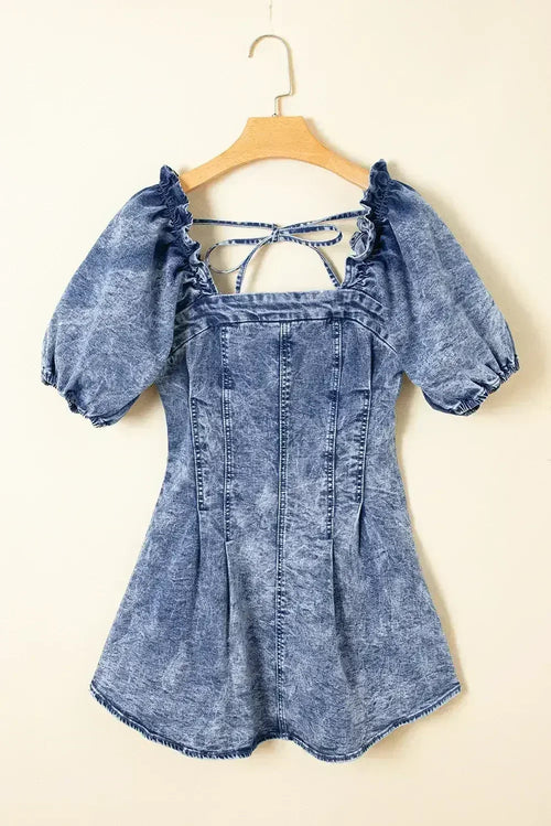 Blue Frill Square Neck Puff Sleeve Backless Denim Dress