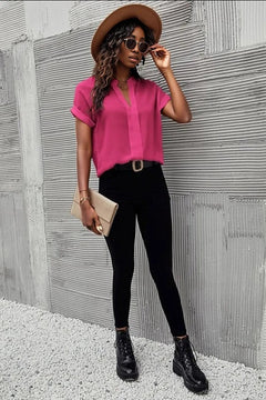 Luxurious Elegance: Notched Short Sleeve Blouse