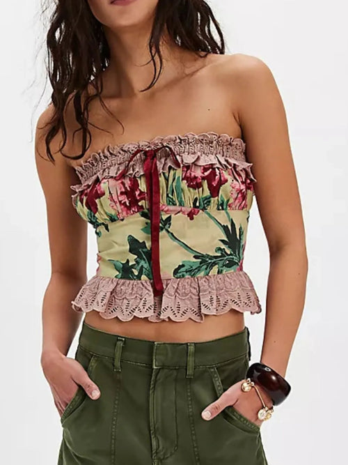 Floral Print Lace Trim Tube Top