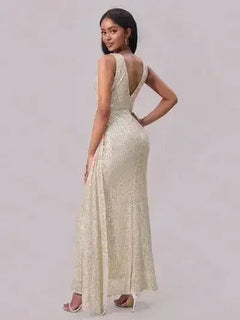 Slit Sequin Surplice Sleeveless Maxi Dress