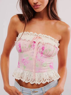 Floral Print Lace Trim Tube Top
