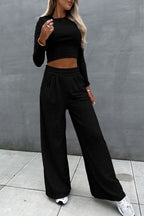 Charming Black Crop Top & Wide Leg Pants Set