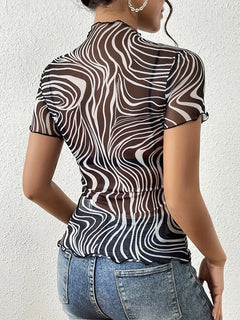 Psychedelic Wave Print Mock Neck T-Shirt