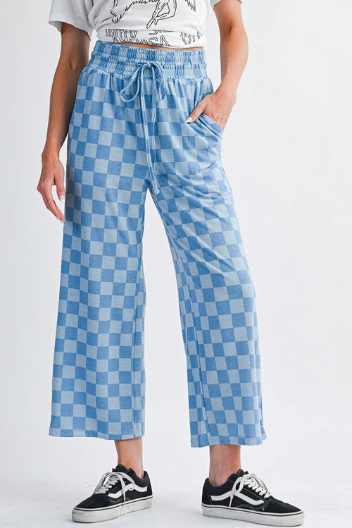 Sky Blue Tie Elastic Waist Checkered Loose Pants