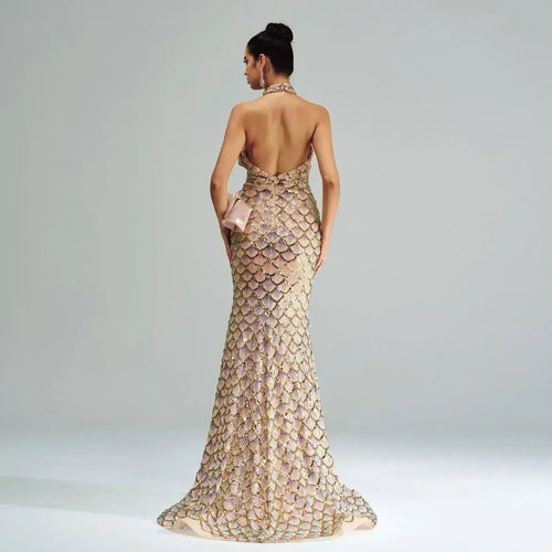 “Champagne Glam” Halter Mermaid Dress – Luxury for Elite Occasions