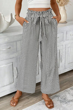 Black Striped Frill Knot Waist Decor Pants