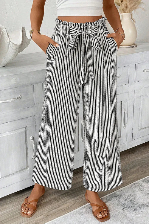 Black Striped Frill Knot Waist Decor Pants