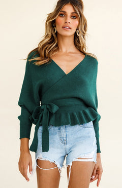 Casual Bohemian Mock Wrap Knit Sweater