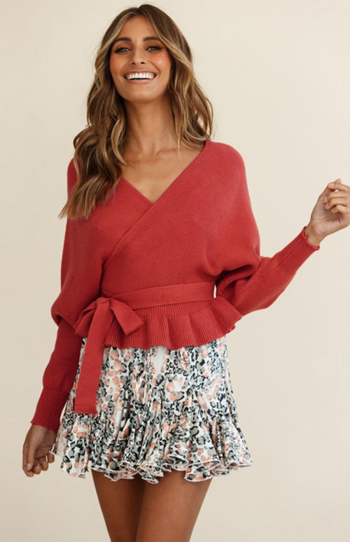 Casual Bohemian Mock Wrap Knit Sweater