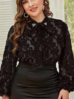 Chic Plus-Size Tie-Bow Commuter Shirt