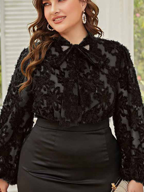 Chic Plus-Size Tie-Bow Commuter Shirt